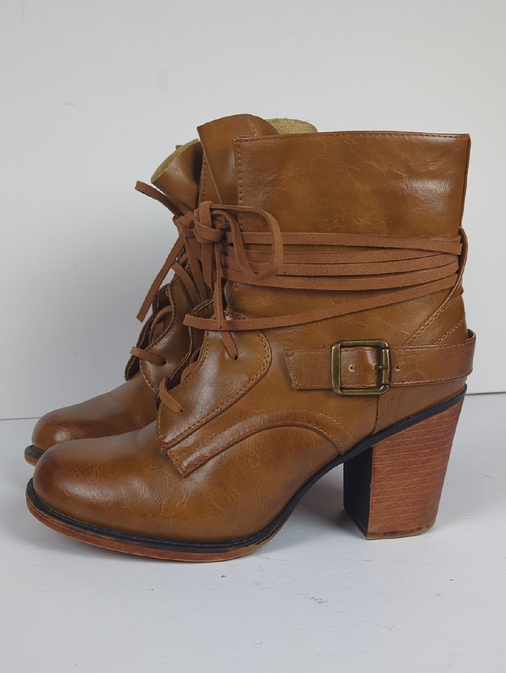 VINTAGE Women's Brown Leather Lace-Up Ankle Boots with Buckle Size 8